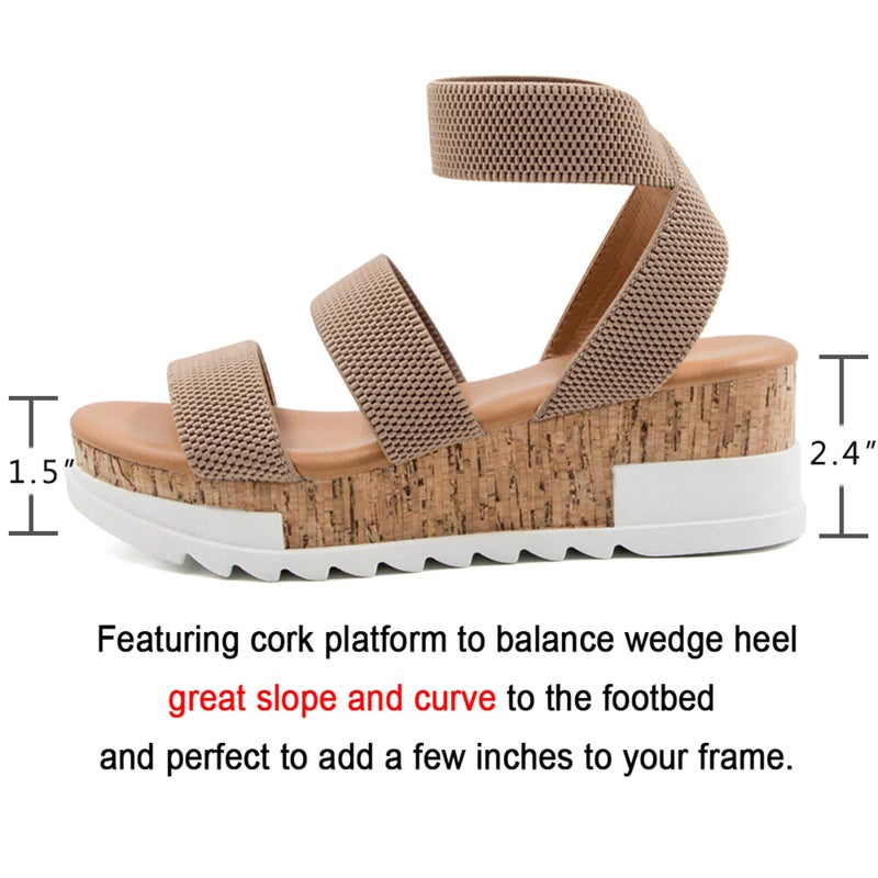 Athlefit Women's Casual Cork Platform Wedge Sandals Open Toe Elastic Ankle Strap Flatform Sandals for Summer, Khaki, Size 10, AD00102 - Image 3